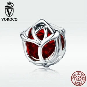 Voroco Red Rose 925 Sterling Silver Charm Bead Fit Elegant Women Bracelet Chain - Picture 1 of 6