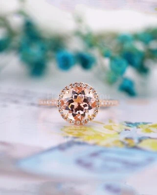 1.3ct Round Cut Natural Morganite & Diamond 14k SOLID Rose Gold Engagement Ring - Image 1 of 4