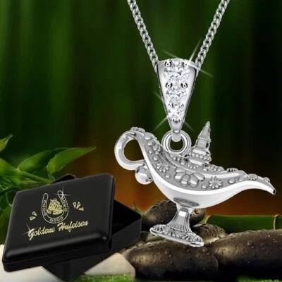 Damen Wunderlampe Halskette Anhänger Zirkonia 925 Silber Wunschlampe Kette - Bild 1 von 3