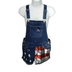 Justice Girl’s Denim Sequin American Flag Summer Shortalls Overalls Size 12 - Picture 1 of 13