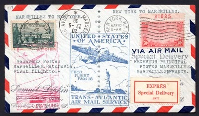 US FRANCE 1939 FIRST FLIGHT & RETURN WITH MIXED FRANKING NEW YORK TO MARSEILLE - Image 1 of 2