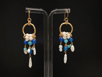 Orecchini donna pendenti perle agate blu azzurra monachella argento 925 plac oro - Immagine 1 di 4