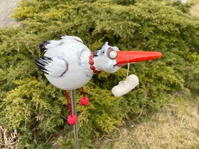 Ceramic Garden Decor Lawn Stake Stork Bird for Baby Shower H 6in Midene Handmade - Image 1 of 4