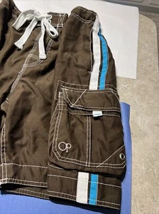 Vintage Ocean Pacific OP Board Swim Trunks Embroidered Logo Brown Turq MED 90's - Picture 1 of 16