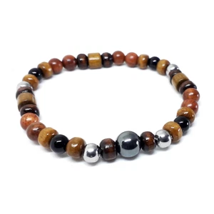Bracciale con perle in legno 6mm Marrone braccialetto Acciaio inox argento Uomo - Foto 1 di 7