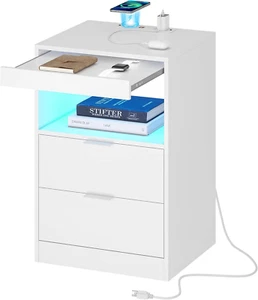 LED Nightstand with Wireless Charging Station, Bedside Table with LED Lights, En - Picture 1 of 8