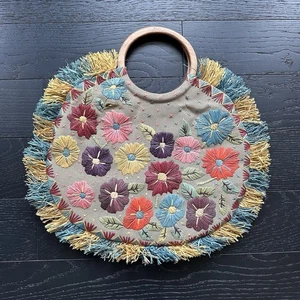 Jamin Puech Embroidered Raffia Floral Fringe Tote Bag Round Wood Handles Boho - Picture 1 of 13