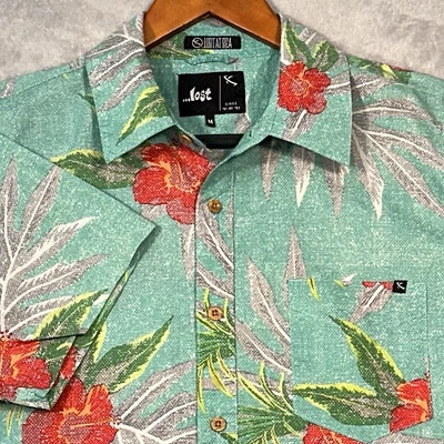 Camisa de campamento LOST AT SEA para hombre M verde mar estampado floral hawaiano algodón abotonada Foto 1 de 4