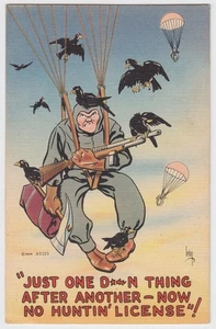 WW2 US Homefront Propaganda Cartolina Umorismo Ora Senza Licenza di Caccia Paracadutista - Foto 1 di 2
