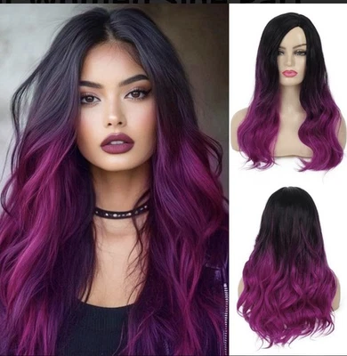 "Peluca sintética negra púrpura ombre ondulada de 22"" de largo resistente al calor fiesta con disfraces" Foto 1 de 4