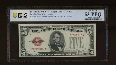 DBR 1928-F $5 Legal Wide I Fr. 1531Wi HA Block PCGS-B 53 PPQ Serial H96959192A - Image 1 of 2