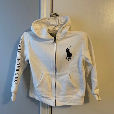 Moletom com capuz Ralph Lauren polo zíper completo branco com pônei preto grande tamanho infantil tamanho 5 - Imagem 1 de 4