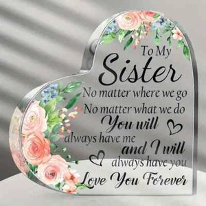 To My Sister Heart-Shaped Block Acrylic Flower Plaque Birthday Family Sign - Picture 1 of 3