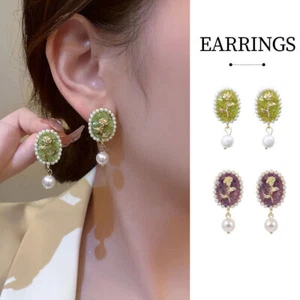 Vintage Rose Flower Earrings Oval Studs Elegant Jewelry for Women and Girls Gift - Picture 1 of 18