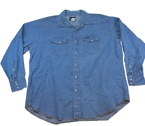 camicia uomo Wrangler denim blu con bottoni XL Pearl Snaps vintage senza etichetta - Foto 1 di 8