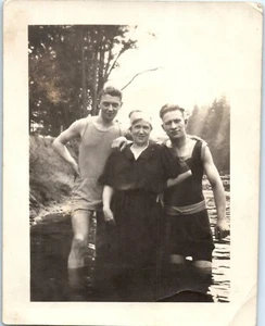 Handsome Muscular Men with Mom Bathing Suits Rive Gay Interest VTG PHOTO c.1930s - Picture 1 of 2