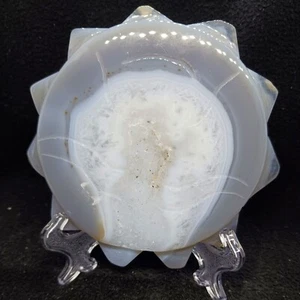 Blue Agate Crystal Sun Carving Large Natural Polished Agate Druzy With Stand - Picture 1 of 8