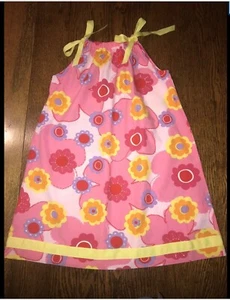 Hanna Andersson Flower Power Pillowcase Dress 120 6 7 8 Sundress Retro Pink Tie - Picture 1 of 8