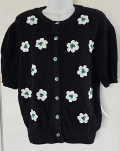 Vintage Black Flower Crochet Cardigan Petite Sophisticate S Puff Sleeve Button U - Picture 1 of 14