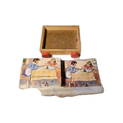 Czeckoslovakia Puzzle Wood Blocks Pull Toy Tray 6 Scenes Mid-Century Modern MFK - Image 1 of 4