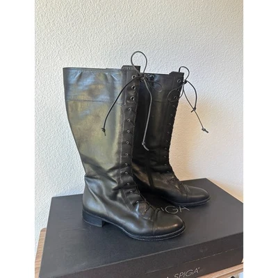 Botas altas Via Spiga de cuero negras con cordones para mujer talla 7 hechas en Italia Foto 1 de 3