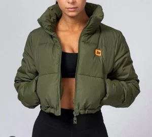 Muscle Nation MN Women’s Cropped Bomber Puffer Jacket Khaki Coat Sz XS EUC - Picture 1 of 6
