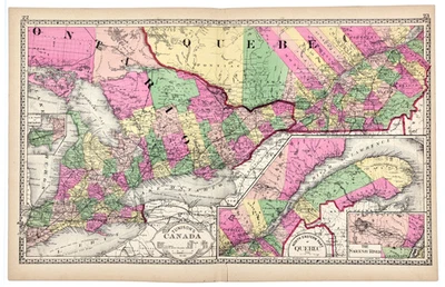 1887 QUEBEC - ONTARIO - CANADA Map ORIGINAL ANTIQUE  (21X12) TORONTO - Image 1 of 4