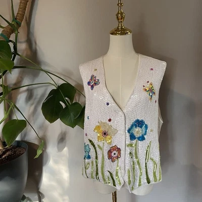 Vtg The Quacker Factory Women’s L Sequin Spring Vest Flowers Butterflies White - Image 1 of 4