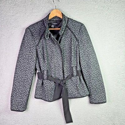 Sandro 女式夹克 L 灰色黑色豹纹腰腰带纽扣衬里模拟 — 第 1/4 张图片