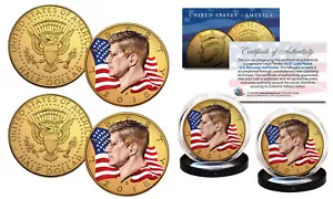 Colorized FLOWING FLAG JFK 2-Coin Set 24K GOLD Plated - Both P & D Mint-Yrs Vary - Picture 1 of 1