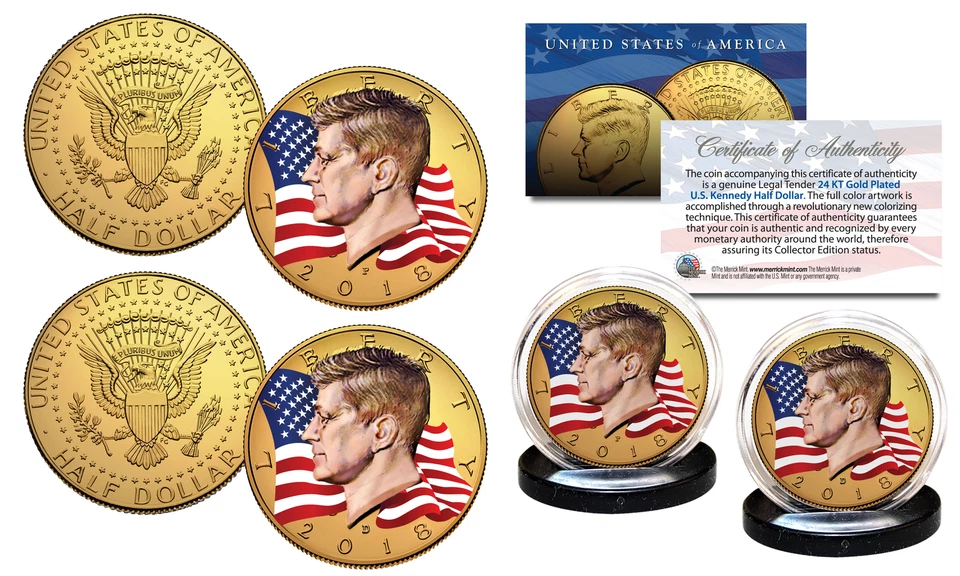 Colorized FLOWING FLAG JFK 2-Coin Set 24K GOLD Plated - Both P & D Mint-Yrs Vary - Image 1 of 1