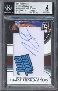 Parches de firma de novato con clasificación Donruss 2015-16 #6 Karl-Anthony Towns BGS 9 - Imagen 1 de 2