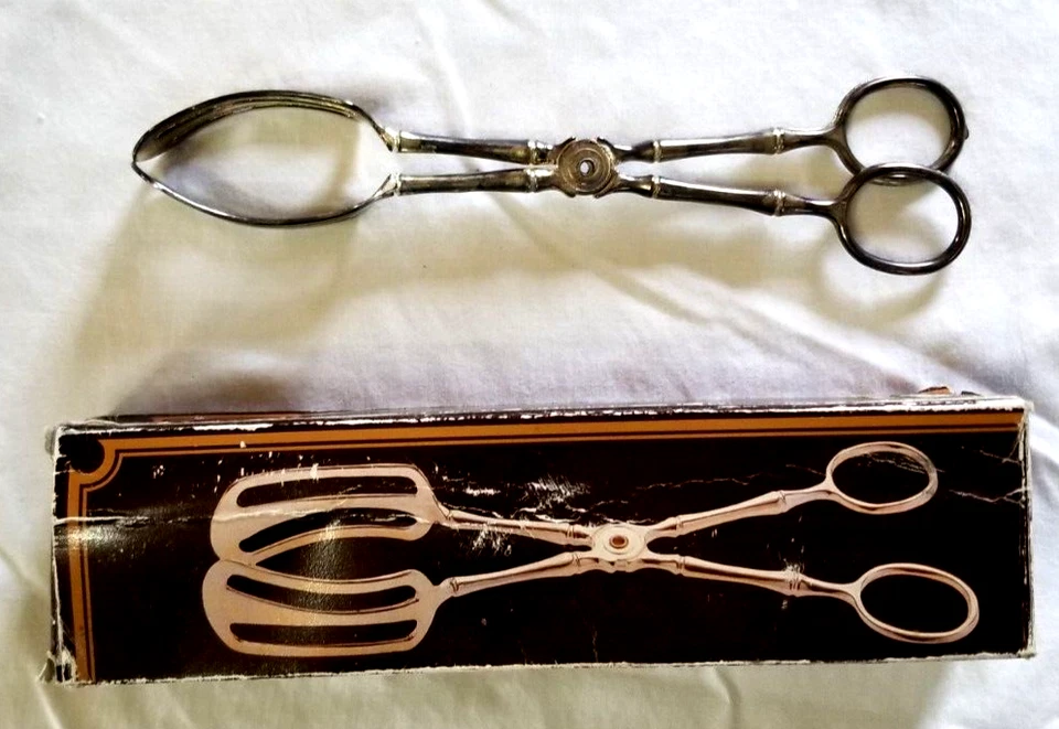 Pinças tesoura vintage folheadas a prata para servir pão salada Itália 9" com caixa - Imagem 1 de 4