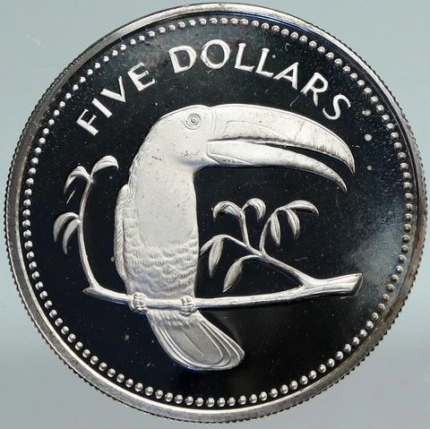 1974 BELIZE Avifauna Toucan BIRD Antique VINTAGE OLD Proof Silver $5 Coin i88224 Cover