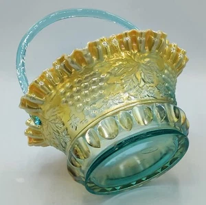 Fenton Art Glass Aqua Opalescent Marigold GRAPE & CABLE Basket Ruffles 11" x 9" - Picture 1 of 9