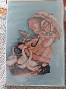 DELANE LANGE GIRL UMBRELLA 3 WHITE FARM GEESE PAINTING PATTERN 48 112 - Picture 1 of 7