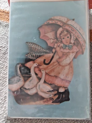 DELANE LANGE GIRL UMBRELLA 3 WHITE FARM GEESE PAINTING PATTERN 48 112 - Image 1 of 4