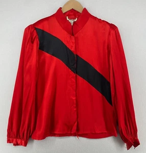 Vintage VALENTINO Blouse 12 Silk Satin Diagonal Striped Mandarin Collar Red - Picture 1 of 15