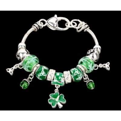 St Patricks Day Shamrock Charm Bracelet Beaded Top Hat Celtic Knot Crystals New - Image 1 of 4