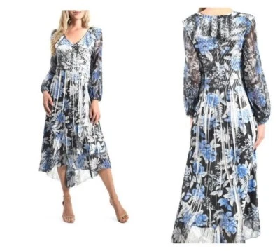 NEW Komarov Blue Floral Prints V-Neck Lace Fit & Flare Hi-Lo Dress XL #D6189 - Image 1 of 4