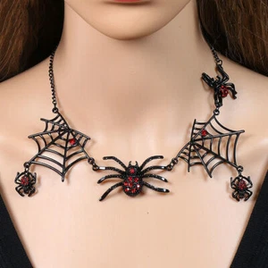 Halloween Necklace Set Gothic Skull Skeleton Pendant Cobweb Choker Drop Earrings - Picture 1 of 15