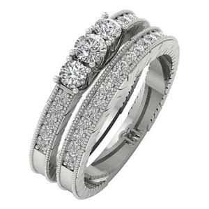 SI1 G 1.15Ct 3 Stone Bridal Engagement Ring Set Natural Diamond 14K White Gold - Picture 1 of 8
