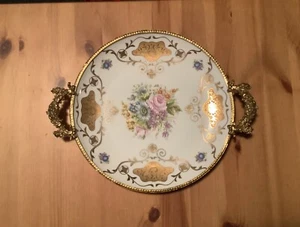 Limoges Rare Signed Gilded Porcelain Plate 12" Platter with Brass Handles #94 - Picture 1 of 12