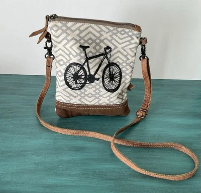 Myra Bag Bicycle Design Body Bag Canvas Leather Crossbody Purse Boho Cottagecore - Image 1 of 4