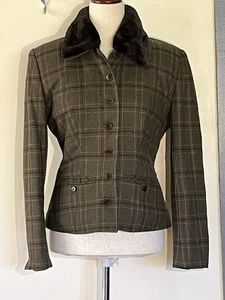 Banana Republic karierter Blazer Jacke Wolle/Kaschmir-Mischung Kunstfellkragen Größe 4 - Bild 1 von 10