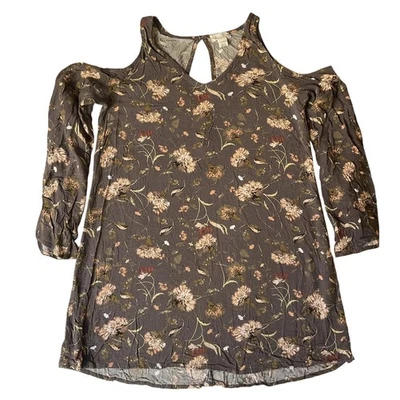 Full Tilt Women Blouse S Brown Floral Rayon V-Neck Pullover Cold Shoulder - Image 1 of 4