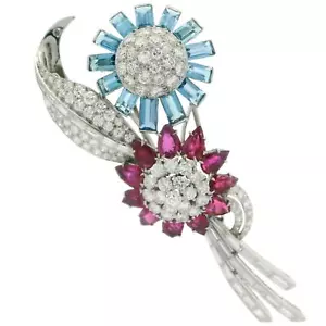 Trabert & Hoeffer Mauboussin Platinum GIA Ruby Aquamarine Diamond Flower Brooch - Picture 1 of 15