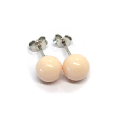 18K WHITE GOLD 8mm BALLS SPHERES PINK RECONSTRUCTED CORAL BUTTON EARRINGS - Image 1 of 4