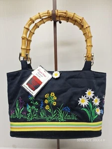 Bergan Bags Handbag Women's Medium Black Floral Embroidered Bamboo Handle Bag - Picture 1 of 9