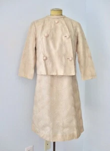 Vtg 60s Beige Spidery Floral Embroidered Chiffon 2-Pc MOB Dress Jacket Suit 14 - Picture 1 of 16
